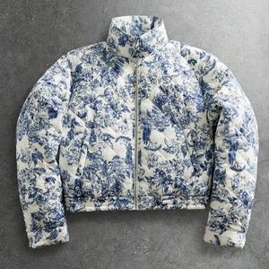 Blouson matelassé bleu floral personnalisé pour homme, manteau d'hiver en duvet matelassé, fermeture éclair, col montant, léger et chaud, veste d'extérieur. - Product Image 1