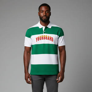 TERZO SPORTS <b>Men's</b> Green <b>White</b> Striped <b>Short</b> <b>Sleeve</b> for <b>Shirt</b> Front Logo Regular Fit Casual Breathable Polyester/Cotton Knitted - Product Image 1
