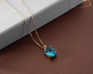 Collar con Colgante de Topacio Azul Ovalado, Plata de Ley 925, Chapado en Oro de 14K, Piedra de Nacimiento de Diciembre, Étnico para Mujer, Certificado IGI - Product Image 3