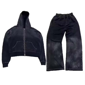 Custom Oversized Rhinestone Tracksuits Baggy Style Acid Washed Tracksuits Zip up Hoodie and <b>Sweatpants</b> <b>Set</b> for Men - Product Image 3