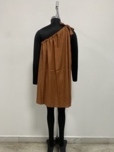 Brown Collarless <b>Tunic</b> <b>Dress</b> <b>Women</b> Loose Mini Casual Solid Ribbon Detail - Product Image 2