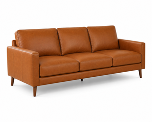 Modern Genuine Leather Three Seat <b>Sofa</b> With <b>Wood</b> Legs Tight Back Straight Arms Midcentury Living Room Furniture Leather <b>Sofa</b> - Product Image 2