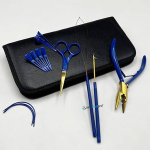Kit de Herramientas para Extensiones de Cabello al por Mayor: Alicates de 2 Orificios con Clips de Sección, Tijeras de Bucle y Anillos, en Acero Inoxidable Azul y Dorado - Product Image 1