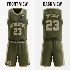 Maillot et short de basket-ball personnalisés, panneaux latéraux vert olive et beige, polyester 220 gsm, impression par sublimation. - Product Image 1