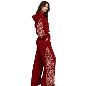 Deep <b>Red</b> Womens Paisley Print Cropped <b>Hoodie</b> Wide Leg Pants Two Piece Tracksuit Casual Streetwear Loose Fit Jogger Outfit Set - Product Image 2