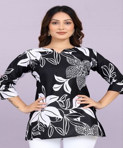 FANCY SLUB COTTON DIGITAL PRINT <b>WORK</b> ONLY TOP 84945 BLACK - Product Image 1