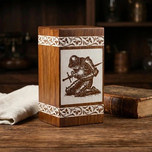 Engraved Knight Wooden Pet Cremation Urn Eco-Friendly Durable Ashes <b>Box</b> Custom <b>Memorial</b> Warrior Design - Product Image 1