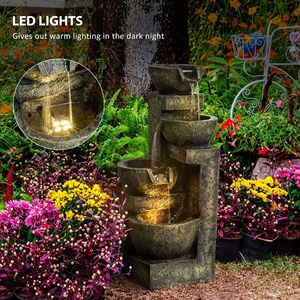 Fontana da Esterno Moderna a 4 Livelli con Ciotole in Pietra, Flusso a Cascata Regolabile e Luci LED per Patio, Giardino Zen o Villa - Product Image 6