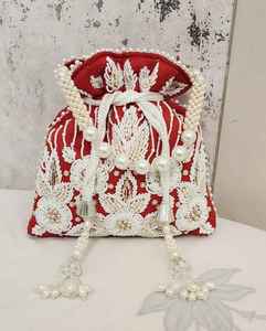 Handmade <b>White</b> Lace Bridal <b>Clutch</b> With Pearl Trim Rectangular Shape Embroidery Craft Wedding Accessory Potli <b>Bag</b> - Product Image 2