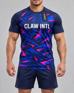 CLAW INTL ชุดเสื้อฟุตบอลชายแขนสั้นคอกลมสีฟ้าสีชมพูลายเรขาคณิต - Product Image 1
