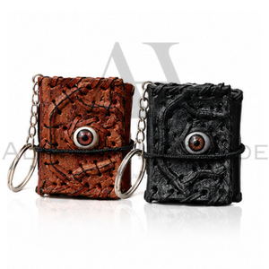 Mini porte-clés en cuir marron et noir, avec breloque œil porte-bonheur et livre de sorts, fait main en cuir véritable, cadeau - Product Image 1