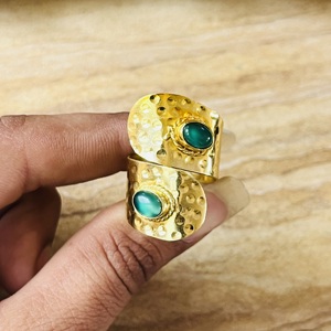 Buyer Top Choice Green Onyx <b>Ring</b> 18k Gold Plated Boho Brass <b>Ring</b> <b>Chunky</b> Wrap Texture <b>Ring</b> Statement Wholesale Handmade <b>Ring</b> - Product Image 6