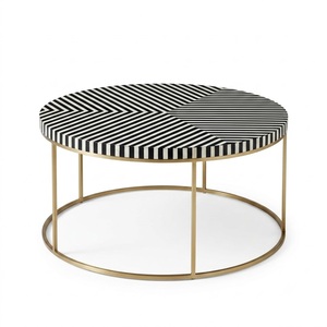 Table basse ronde en os incrusté noir et blanc, faite à la main, sur piétement, design marocain Targua, meuble de salon - Product Image 6
