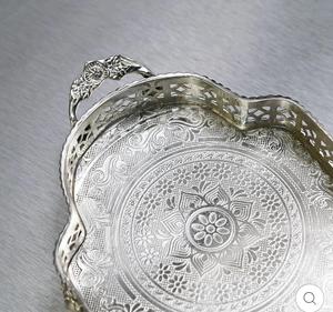 Rectangular Metal Tray With Traditional Embossed Design And Cutout Edges For <b>Dining</b> Use - Product Image 3