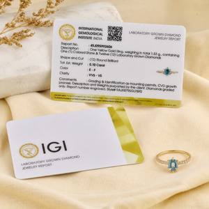 แหวนทองคำแท้ 14KT ประดับเพชรเลี้ยงในห้องปฏิบัติการ และพลอยสีฟ้าพาราอิบาเลี้ยงในห้องปฏิบัติการ ดีไซน์หรูหรา สวยงาม ได้รับการรับรองจาก IGI สำหรับผู้หญิง - Product Image 6