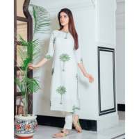 Ensemble tailleur femme en mousseline de coton respirante vert sauge avec imprimé arbre dessiné à la main, détection par aiguille disponible, taille XS