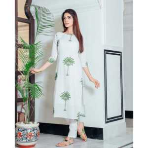 Conjunto de Traje de Algodón Chifón Transpirable con Estampado de Árboles Dibujados a Mano en Verde Salvia para Mujer, Disponible en Talla XS - Product Image 3