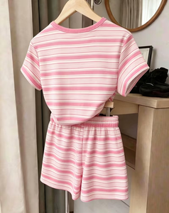 Girls Striped 2-Piece Set Breathable Short Sleeve Top with Matching Shorts Customizable Casual <b>Summer</b> Outfit - Product Image 3