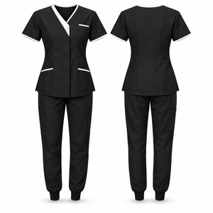 Conjunto de uniforme médico para mujer, color negro con ribete blanco, top con cuello en V y pantalones cargo. - Product Image 1