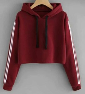 Women's <b>Red</b> Crop <b>Hoodie</b> Full Sleeve Terry 100% Cotton Casual Plus Size Autumn Style - Product Image 3