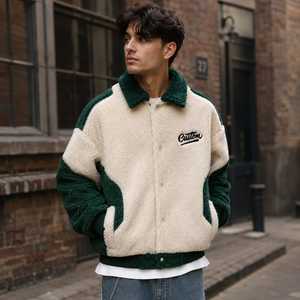 Men's Fleece Varsity Jacket Green White Color Block Embroidered Logo Turn-down Collar Casual Winter <b>Coat</b> <b>Heated</b> Windproof - Product Image 1