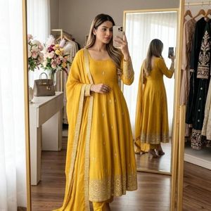 Pink Embroidered Anarkali Suit Set <b>Sequin</b> Work Dupatta Printed <b>Pant</b> Set for Wedding Party Women - Product Image 3