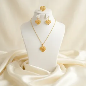 Luxury Heart Design Brass Antique Gold Plated Pendant <b>Necklace</b> Set with Matching Earrings <b>Ring</b> Women's Fashion Jewelry Gift Set - Product Image 2