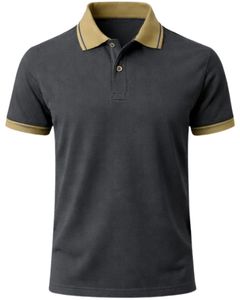 Polo de algodón gris carbón para hombre con cuello y ribetes de manga en color caqui, corte clásico, informal, para verano, suministro al por mayor OEM - Product Image 1