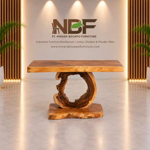 Mesa Consola de Madera Suar Sólida de Lujo Orgánica al por Mayor con Borde Natural y Base Anular Escultural para Uso en Vestíbulos de Hotel - Product Image 4