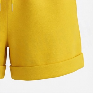 Ensemble de survêtement jaune 2 pièces pour femme, col rond, manches longues, short, coupe ample, décontracté, couleur unie, tricoté en coton, printemps-été - Product Image 6