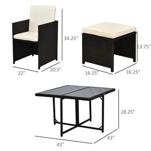 Set da pranzo da esterno in vimini a 8 pezzi con tavolo quadrato in vetro e cuscini, sedie e pouf salvaspazio in rattan - Product Image 3