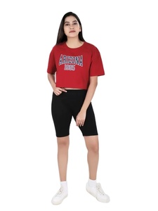 T-shirts courts personnalisés 2026 pour filles, avec strass, impression sérigraphiée, col et poignets contrastants, vente en gros - Product Image 2
