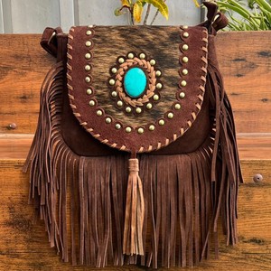 Nuevo estilo occidental pelo en piel de ante con flecos bolso de hombro de cuero bohemio de alta calidad para mujer con piedra turquesa - Product Image 4