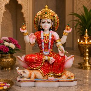 Marble Ganga Mata Statue Seated on Makara- 12 Inch | Red Attire, Ornate Crown and Sacred Water Pots by MALIYAS Jaipur India - Product Image 1