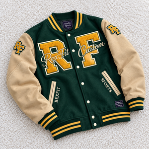 Veste de sport Rexfit personnalisée, style Letterman, unisexe, broderie chenille, col rond, coque en laine épaisse, boutons pression - Product Image 1