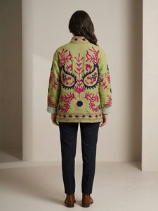 Chaqueta de Tela TNT Bordada con Suzani Verde Premium para Mujer, Abrigo Bohemio Floral Hecho a Mano, Ropa de Abrigo al por Mayor de Boutique - Product Image 2