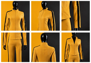 Ensemble de yoga jaune 2 pièces avec bande latérale noire, fermeture éclair intégrale sur le devant, col montant, extensible, en polycoton - Product Image 3
