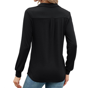 Camiseta Polo de Manga Larga para Mujer, Color Sólido, Informal, con Bolsillo Delantero, Color Negro Sólido, para Deportes al Aire Libre - Product Image 2