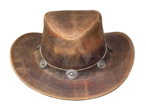 Wholesale Genuine Leather Cowboy <b>Hats</b> <b>Western</b> Ranch Brown Cowhide <b>Hat</b> with Metal Conchos Unisex Cowboy <b>Hats</b> - Product Image 3
