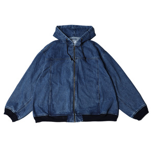 Custom High Quality Applique Embroidery <b>Denim</b> Zip up Hoodies Vintage Light Blue 2 Tone Washing Drawstring Hoodie - Product Image 4