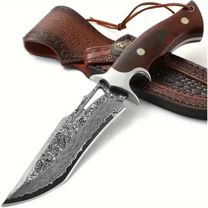 Cuchillo de caza personalizado OEM/ODM de 10 pulgadas, forjado a mano en Damasco, con hoja de punta de clip, mango de madera y funda de cuero (Grado DIY) - Product Image 4