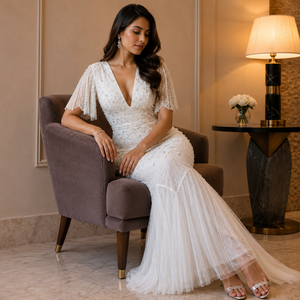 Luxury Pearl Embellished Mermaid Bridal Gown Elegant White V Neck Wedding Dress Premium Lace Beaded Formal Evening Maxi Dress - Product Image 2
