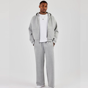 New Arrival Custom Grey Boxy Hoodie & Wide Leg <b>Trouser</b> Embroidery High Quality Cotton Heavyweight Winter Sweatsuit Men Tracksuit - Product Image 1