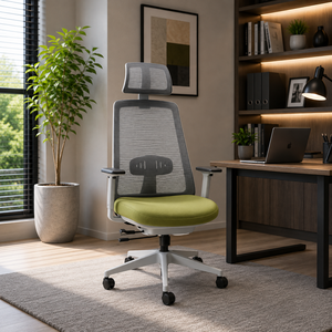Chaise de bureau ergonomique en maille avec appui-tête et accoudoirs réglables, dossier ouvert, base pivotante en métal, réglage électrique, design moderne - Product Image 1