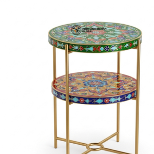 Handcrafted Round Bone Inlay Side Table with Metal Frame – Multicolor Two-Tier Accent Table <b>for</b> Living Room & Ottomans - Product Image 3
