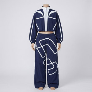 Ensemble de survêtement 2 pièces pour femme, bleu marine uni, à capuche, manches longues, coupe ample, style sportif brodé, toutes saisons, 100 % coton - Product Image 1