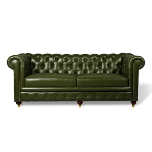 โซฟาหนังแท้สีเขียวแบบเชสเตอร์ฟิลด์  แบบมีปุ่มกระดุม  โซฟาสามที่นั่ง  ดีไซน์สไตล์มิดเซ็นจูรี่โมเดิร์น สำหรับบ้านและโรงแรม - Product Image 2