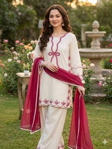 Conjunto de Kurta y Palazzo Maxi de Rayón Bordado con Manga 3/4 para Mujer, con Dupatta, para Fiesta, Boda, Festival, Cintura Natural, Cuello en V - Product Image 6