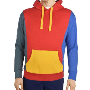Sweat-shirt à capuche color block avec des détails tricotés rouge, jaune, bleu et violet, design décontracté d'automne avec poches patchwork rouge, jaune et bleu - Product Image 1