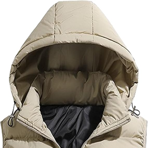 Men's Beige Hooded Puffer <b>Vest</b> Stand Collar Zipper Closure Casual Winter Sleeveless Quilted Jacket Thick Polyester Wadding style - Product Image 3